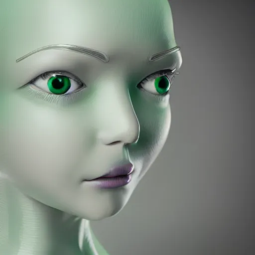 Prompt: 3 d render portrait of a female porcelain robot, symmetrical, mid thirties, cute round green slanted eyes, porcelain skin, wide nostrils, chubby cheeks, high flat eyebrows, ethereal essence, angelic, tiny mouth, leica 1 0 0 mm f 0. 8