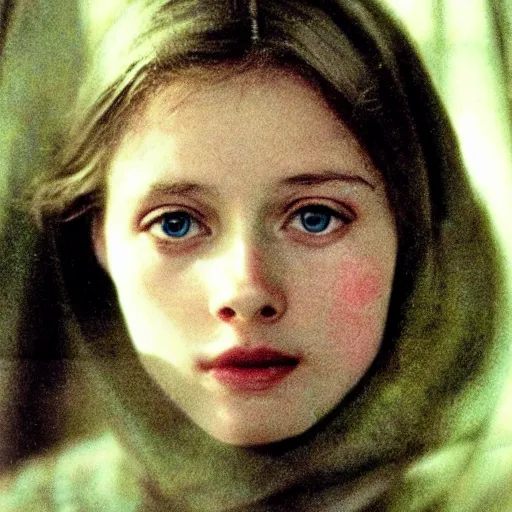 Prompt: portrait of a beautiful young lady with silver eyes, film still of Tarkovsky