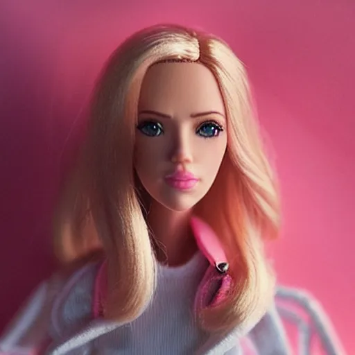 Prompt: “ scarlett johansson portrait, barbie, doll, pink clothes, cinematic lighting, pastel, cute ”