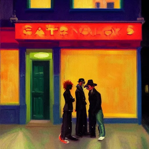 Image similar to night color flash portrait photography of punks on the lower east side by edward hopper, colorful!!, nighttime!, raining!