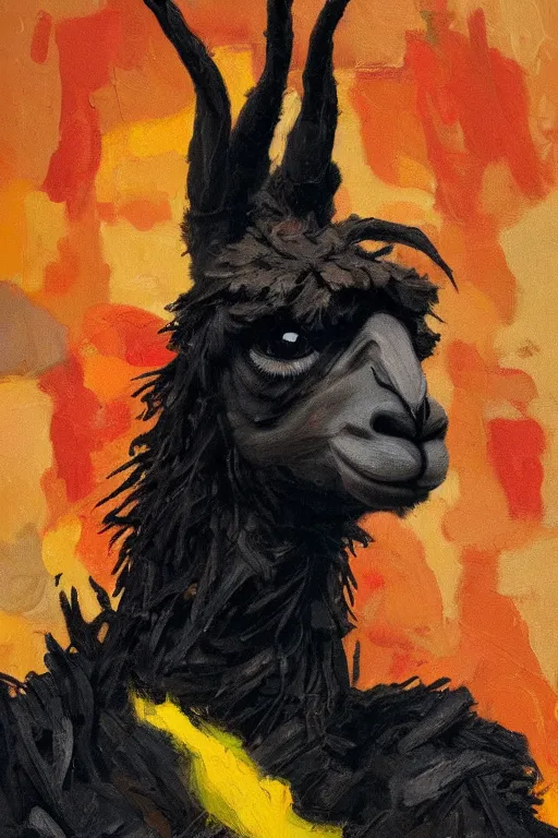 Image similar to Llama anthro portrait fire black red yellow orange llama portrait impasto oil painted daubed smoke flame fire army hellfire anton fadeev dug stanat simon stalenhag anato finnstark lucian freud nicola samori Frank Auerbach, llama, daily deviation