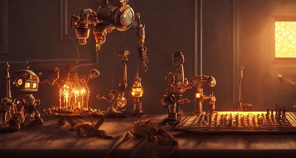 Prompt: a beautiful tapestry, a small robot playing 3 d chess, ultra detailed, atmospheric lighting, sunset, steampunk, moody, candles, characters from machinarium, by don bluth, trending on artstation, octane render, 8 k, ultra realistic
