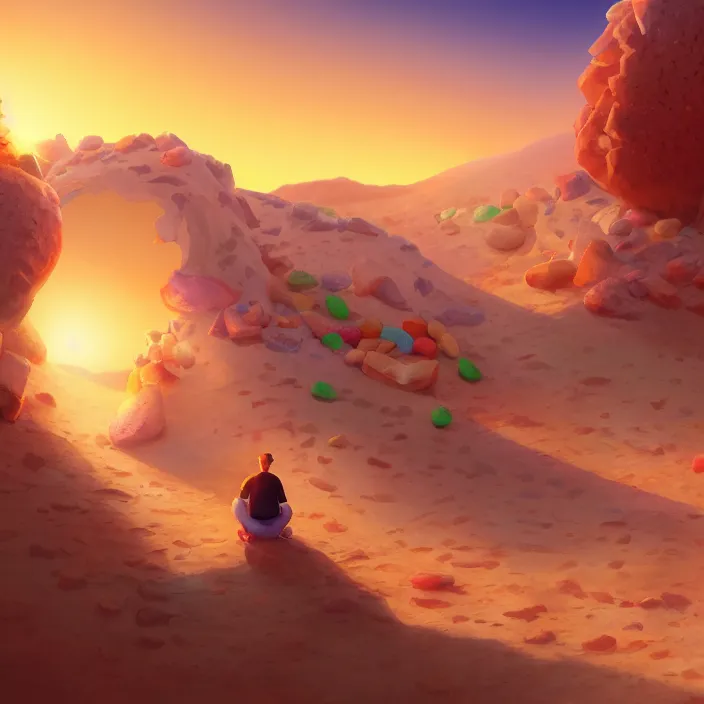 Prompt: desert made from icecream and candies, caramel colorful sun, luminescent sky, handsome, intricate, detailed, volumetric lighting, scenery, digital painting, highly detailed, artstation, sharp focus, illustration, 8 k, hyper realistic, magic world, cartoon