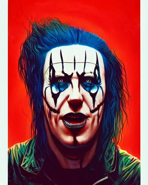 Prompt: trent reznor with long hair as a psycho clown, horror, high details, bright colors, striking, intricate details, by vincent di fate, artgerm julie bell beeple, 1 9 8 0 s, inking, vintage 8 0 s print, screen print