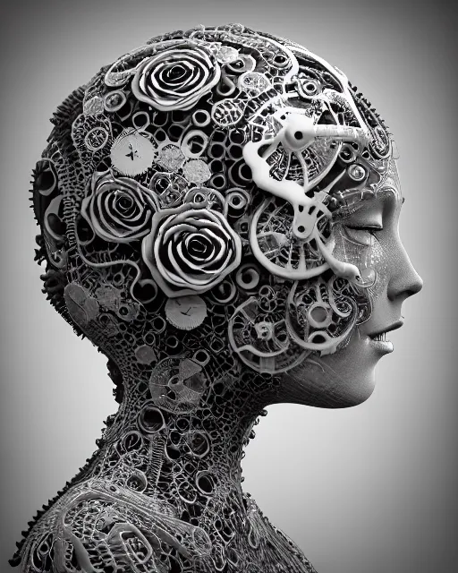 Image similar to mythical dreamy black and white organic bio - mechanical spinal ribbed profile face portrait detail of translucent steampunk beautiful intricated monochrome angelic - human - queen - vegetal - cyborg, highly detailed, intricate translucent ivy jelly ornate, poetic, translucent roses ornate, 3 d render, digital art, octane render, 8 k artistic lithography