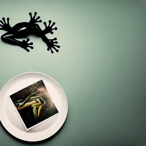 Image similar to frog hovering upside down over a plate with black milk, polaroid photography in style of andrey tarkovski, light caustics, paranormal, spiritual, mystical, sublime