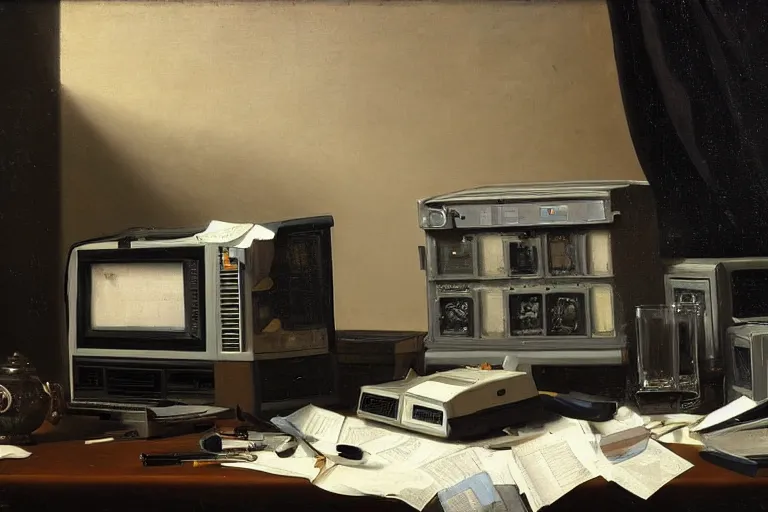 Image similar to still life painting of vintage computers by Pieter Claesz, oil on canvas, strong lighting, highly detailed, hyper realism, HD, 4K