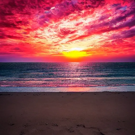 Prompt: beach with red sky and a black hole in the sky, realistic, chill vibes.