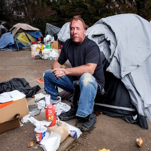 Image similar to Alex Jones homeless in a homeless camp receiving free food from liberals