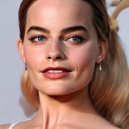 Image similar to a woman who is a genetic combination of margot robbie and emma watson face and upper - body focus