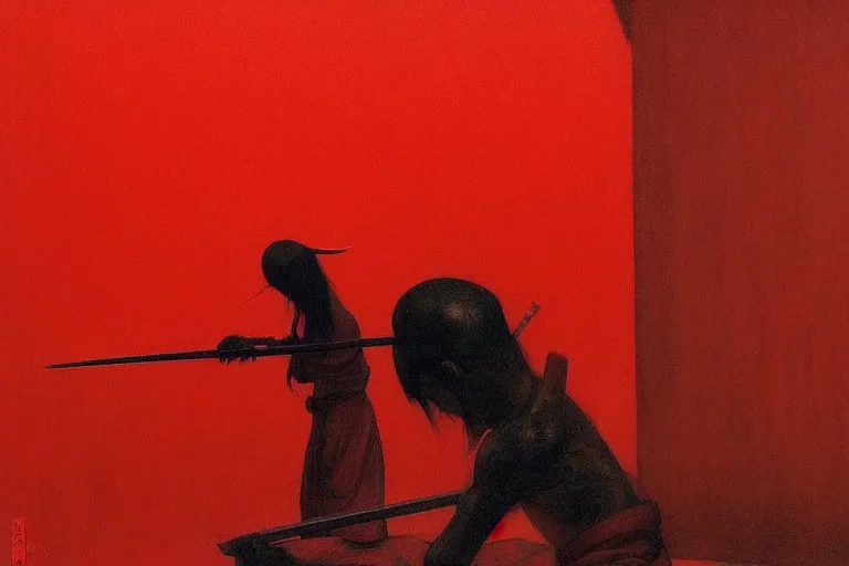 Image similar to only with red, a red samurai harakiri, tokio, a lot of frogs watch, in the style of beksinski, parts by edward hopper, parts by rodcenko, parts by yue minjun, intricate and epic composition, red by caravaggio, insanely quality, highly detailed, masterpiece, red light, artstation, 4 k