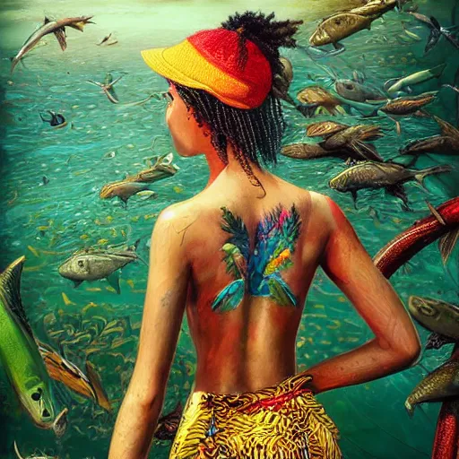Prompt: Fisherman, Jamaican, Illustration, Third-Person View, Depth of Field, Colorful with Yellow Green Black Red, insanely detailed and intricate, hypermaximalist, jamaican vibe, hyper realistic, super detailed, by Charlie Bowater, by Karol Bak