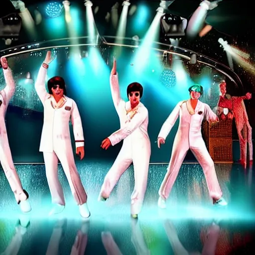 Image similar to 3 d rendered movie still saturday night fever with astronauts. 4 k, ue 5, ocatane 3 d, dramatic lighting.