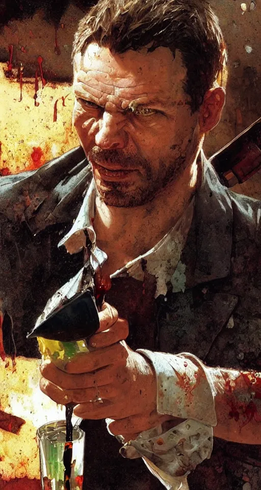 Image similar to close up of bloodied max payne pouring a drink, sun shining, photo realistic illustration by greg rutkowski, thomas kindkade, alphonse mucha, loish, norman rockwell.