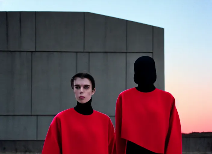 Image similar to cinestill 5 0 d closeup photographic portrait of two clones in front of a brutalist metal building, techwear women, on a desolate plain, red sky, black oversized clothes, depth of field, 4 k, 8 k, hd, full color