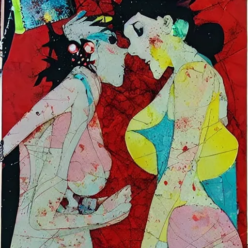 Image similar to two anime women kissing at a carnival, mixed media collage, retro, paper collage, magazine collage, acrylic paint splatters, bauhaus, abstract claymation, layered paper art, sapphic visual poetry expressing the utmost of desires by jackson pollock