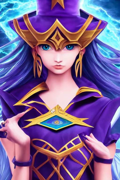 Image similar to dark magician girl from Yu-Gi-Oh, ultra detailed, digital art, 8k ,character ,realistic, portrait, hyperrealistic