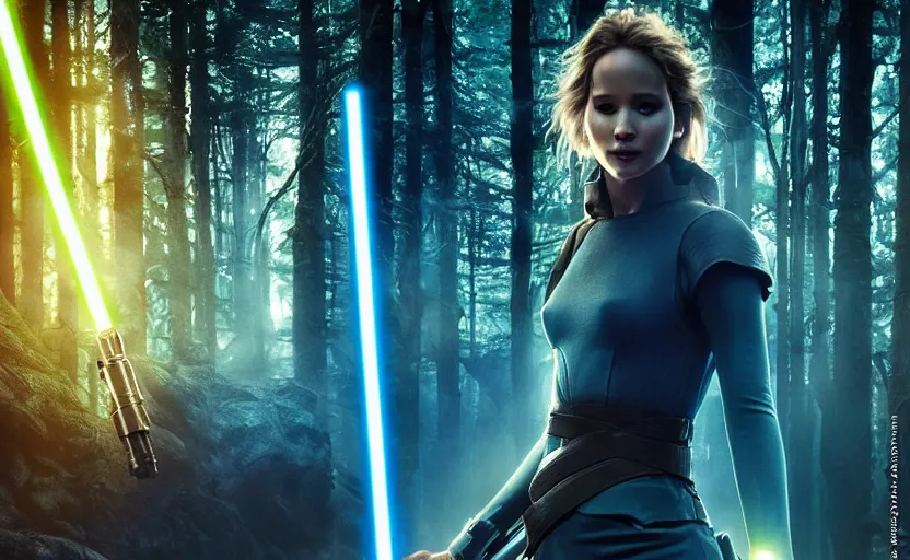 Image similar to jennifer lawrence as a jedi with a blue lightsaber in an ancient bioluminescent forest, new star wars movie poster from lucas arts, perfect symmetrical face, full moon, moody lighting, 8 k, shallow depth of field, intricate detail,