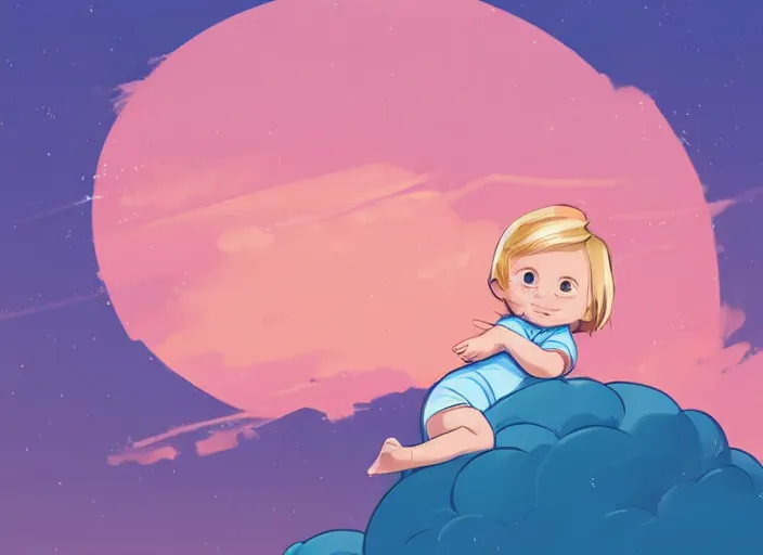 Prompt: a newborn baby with blonde hair lying on a cloud in front of a pink and blue sunrise sky. clean cel shaded vector art. shutterstock. behance hd by lois van baarle, artgerm, helen huang, by makoto shinkai and ilya kuvshinov, rossdraws, illustration, art by ilya kuvshinov