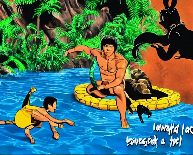 Image similar to bruce lee and steve irwin with dingo and crocodile, waterfall background, epic colorful hyper detailed cinematic still