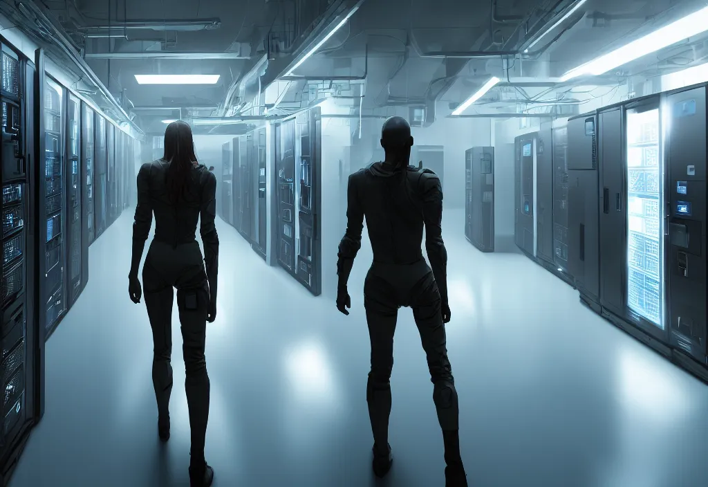 Image similar to android walking in server room in datacenter, shot by cyberpunk syle, character design, proportional body, whole body, whole figure, very realistic cinematic concept art, complementary color, realistic detailed, sharp lines, trending on artstation, volumetric lighting, style by vitaly bulgarov artstaion film by neil blomkamp style, octane render