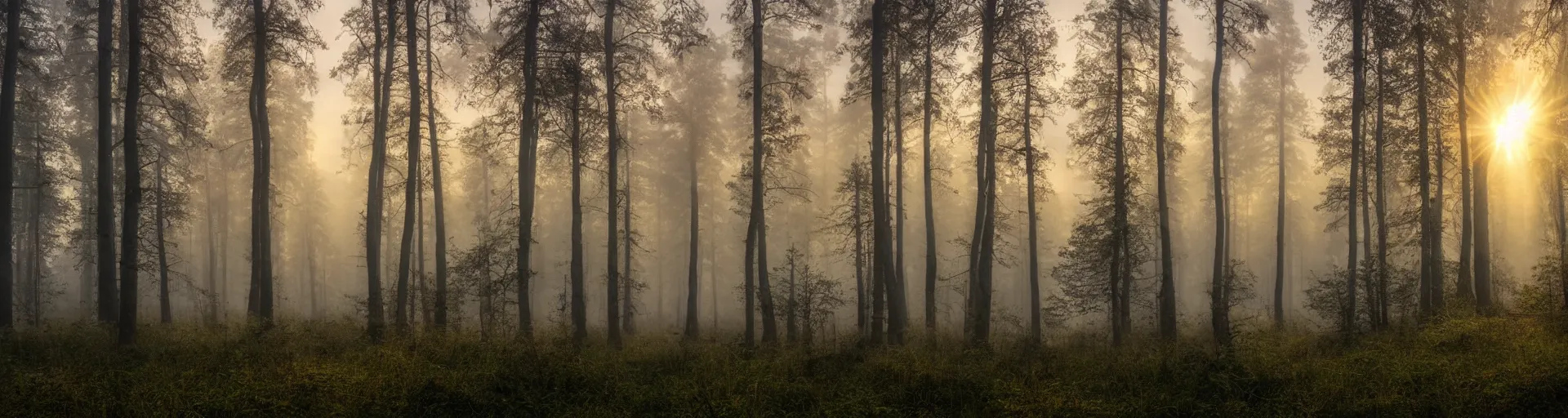 Prompt: beautiful foggy forest landscape of sweden with a majestic sunrise, art, high detail, high definition, photorealistic, hdr,