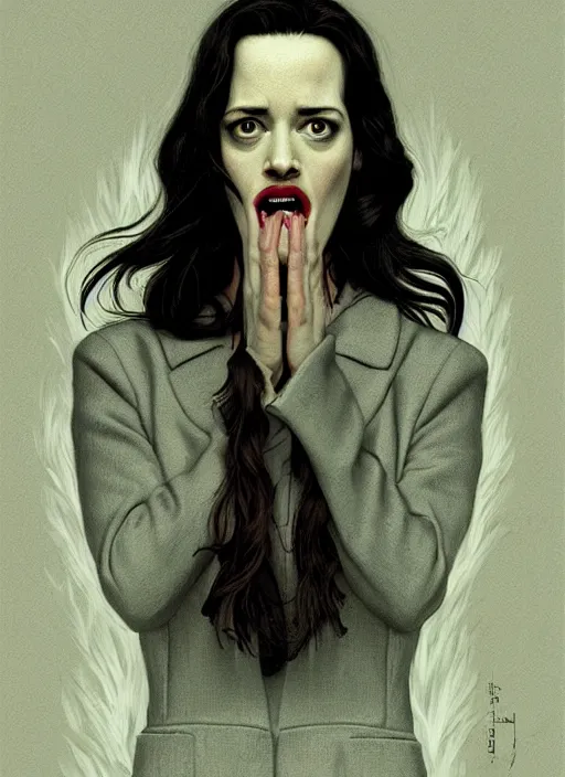 Image similar to twin peaks movie poster art, portrait of a screaming eva green, from scene from twin peaks, clean, simple illustration, nostalgic, domestic, highly detailed, digital painting, artstation, concept art, smooth, sharp focus, illustration, artgerm, donato giancola, joseph christian leyendecker, wlop