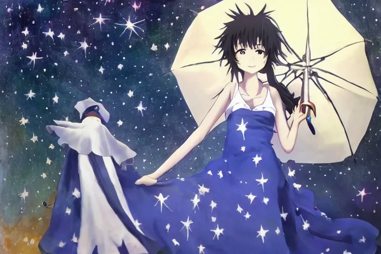 Prompt: mayuri shiina from steins gate, beautiful anime, oil painting, holding a umbrella, watching the stars, cuta anime, in blue dress, super detailed