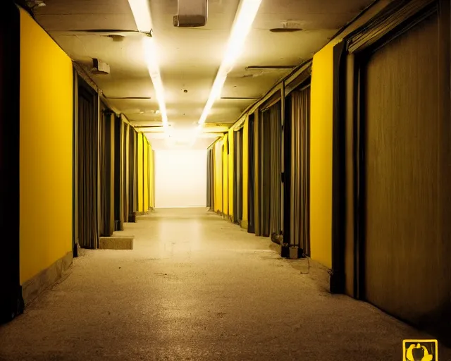 Prompt: an empty partially dark liminal space hallway that looks like the backrooms, photograph, horror, yellow lighting