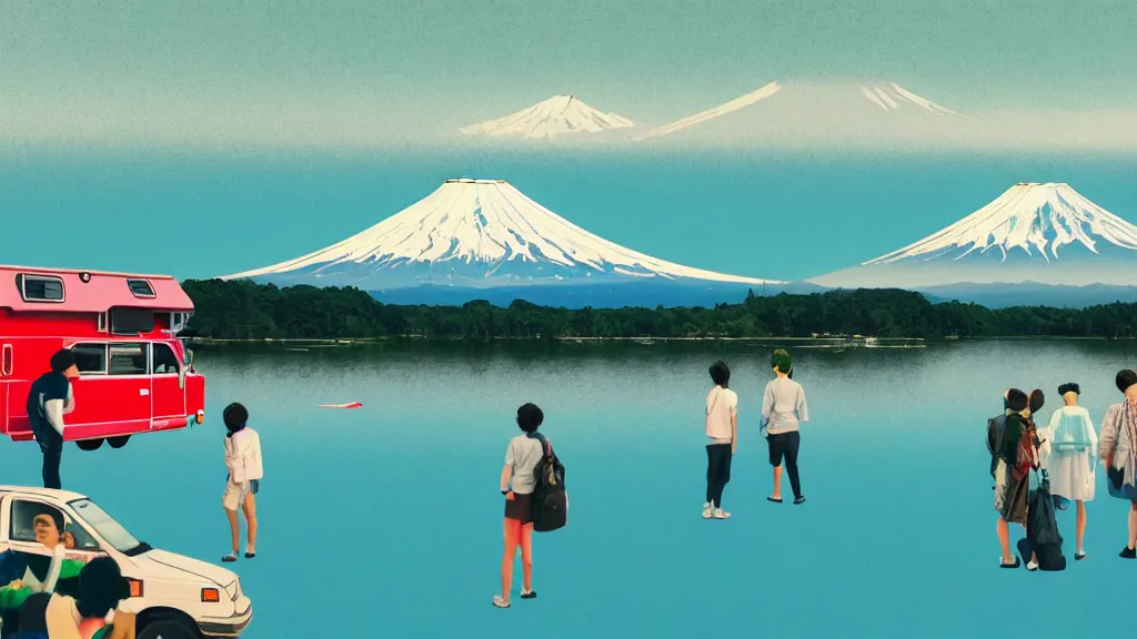 Prompt: a scene of camper travellers touring at yamanaka lake overlooking mount fuji, japan, a collage painting, in the style of wes anderson, lola dupre, david hockney, isolated on negative white space background dark monochrome neon spraypaint accents volumetric octane render