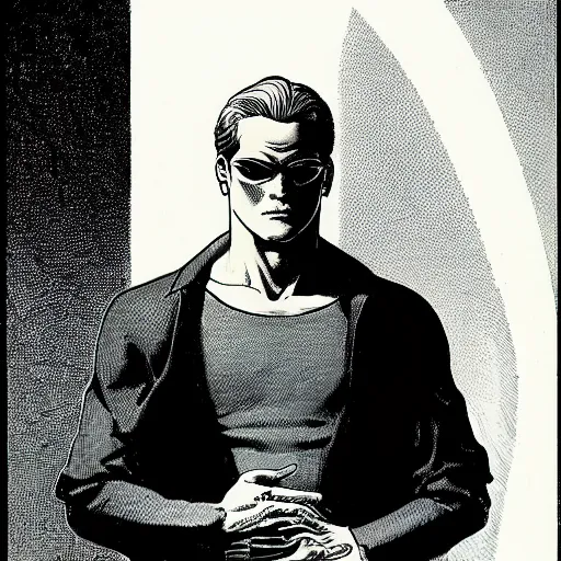 Prompt: franklin booth illustration of a man with short hair, blue eyes in the matrix