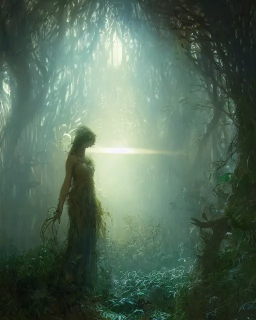 Image similar to my dream when soul leaving body, dryads standing near me in lingering made of plants and trees trying to catch soul that flying up to gods light ray from above, volumetric neon lights intricate details, by greg rutkowski, gaston bussiere