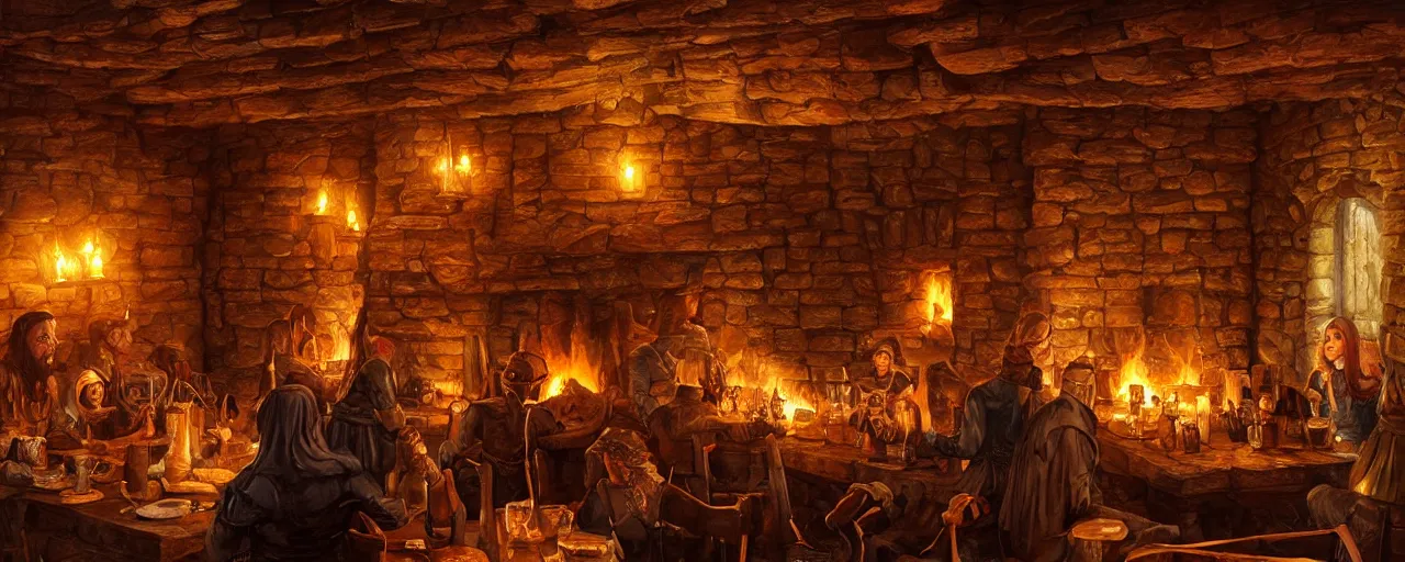 Image similar to Medieval tavern with cozy interior and roaring fireplace, art by michael whelan, warm colors, firelight, oil painting, fantasy art, trending on artstation