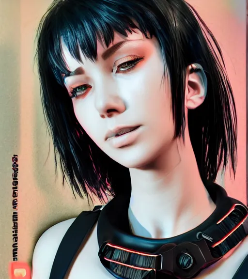 Image similar to detailed realistic female character cyberpunk wearing thick technological collar around neck, realistic, art, beautiful, 4K, collar, choker, collar around neck, punk, artstation, detailed, female, woman, choker, cyberpunk, neon, punk, collar, choker, collar around neck, thick collar, tight around neck, punk,