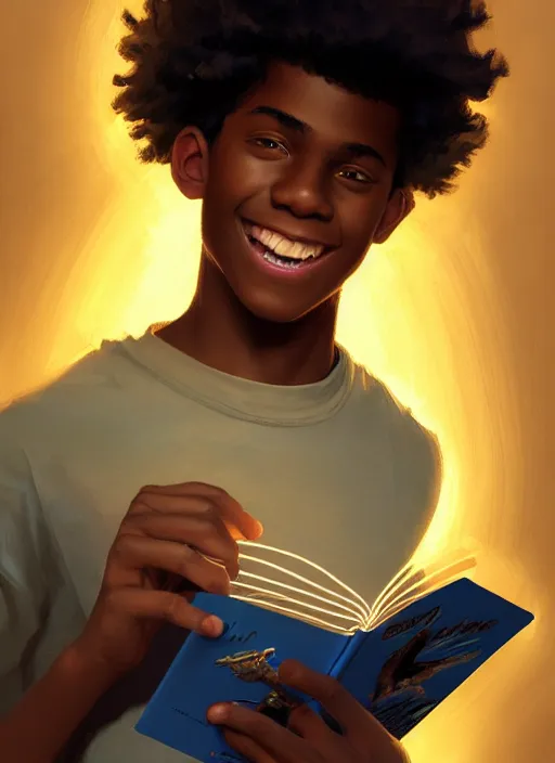 Image similar to portrait of teenage chuck clayton, black teenage boy, short curly hair, short hair square jaw, slight excited smile, reading a comic book, intricate, elegant, glowing lights, highly detailed, digital painting, artstation, concept art, smooth, sharp focus, illustration, art by wlop, mars ravelo and greg rutkowski