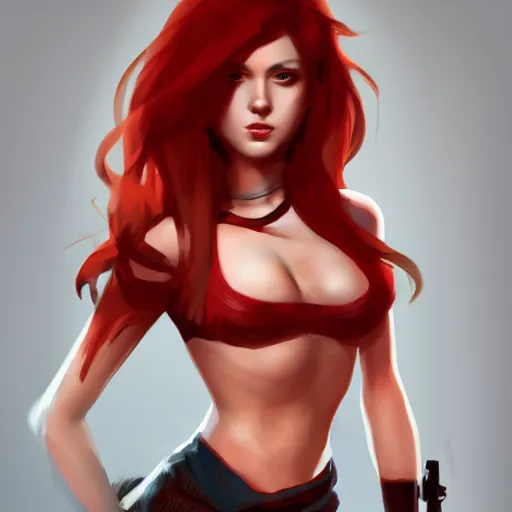 Image similar to a concept art of a girl with red hair holding a gun, highly detailed, digital painting, artstation, concept art, smooth, sharp focus, illustration