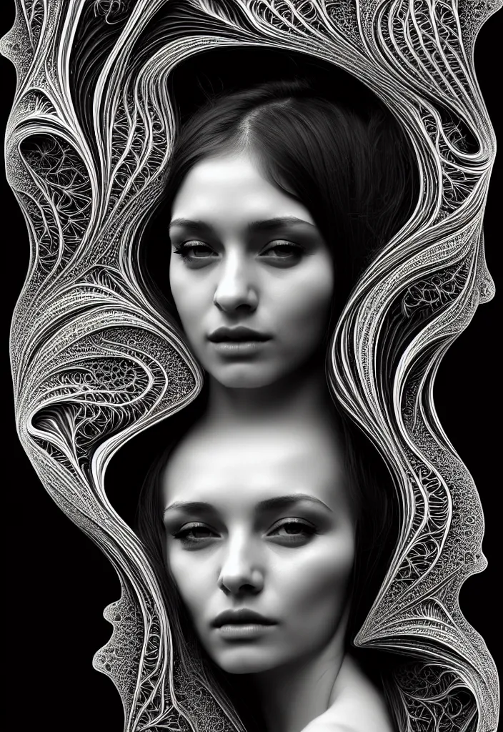 Image similar to portrait of a young beautiful woman with a partially covering mask. fractal, mandelbulb technique. black and white, black on black. intricate, elegant, super highly detailed, professional digital painting, smooth, extreme illustration, Photorealism, HD quality, 8k resolution, 3D, beautiful, cinematic, art. art deco, art nouveau.