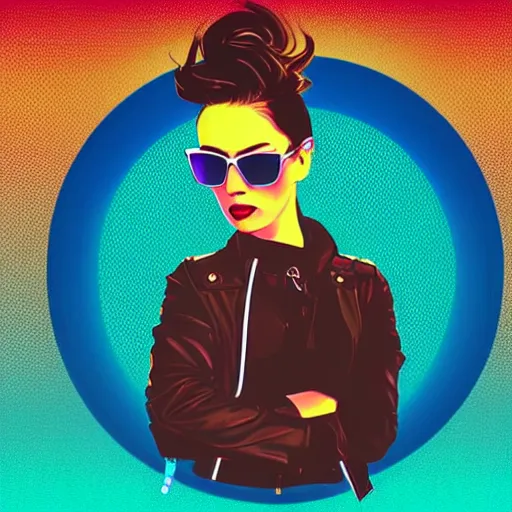 Image similar to a woman with light blue shutter shades in front of a sunset, a dark brown leather jacket, one side brown haircut with blue tips on the end, vector art by jan tengnagel, pixabay contest winner, retrofuturism, retrowave, synthwave, outrun, portrait, synthwave