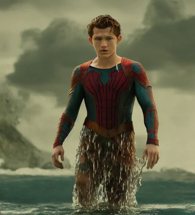 Prompt: tom holland as a mystical water creature, d & d, movie still frame, hd, remastered, film grain, cinematic lighting