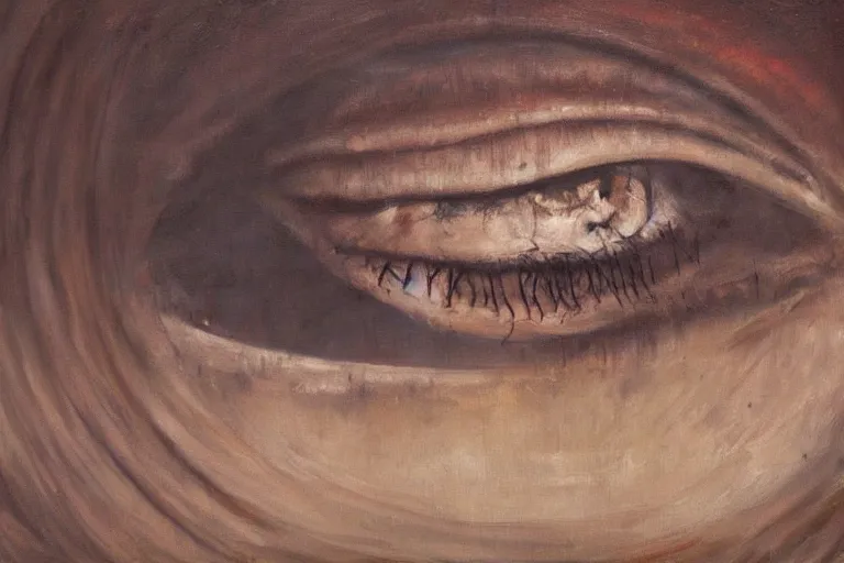 Prompt: standing at the eye of a giant being, silent hill, psychological horror, oil painting, atmospheric, eyes