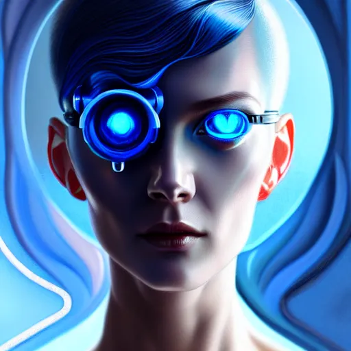 Image similar to woman with extremely large and intricate haircut with friendly blue eyes and slim features looking askance, eye cyberpunk bionics, retro futurist style, intricate, elegant gleaming jewelry, angelic halo, highly detailed, digital painting, artstation, concept art, smooth, sharp focus, illustration, art by wlop, mars ravelo and greg rutkowski,