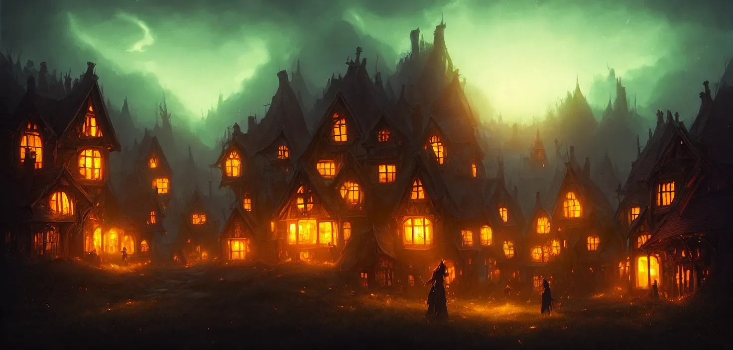 Prompt: dark fairy - tale night in the village, glowing houses against the night sky, cinematic view, epic sky, detailed, concept art, low angle, high detail, warm lighting, volumetric, godrays, vivid, beautiful, trending on artstation, by jordan grimmer, huge scene, grass, art greg rutkowski