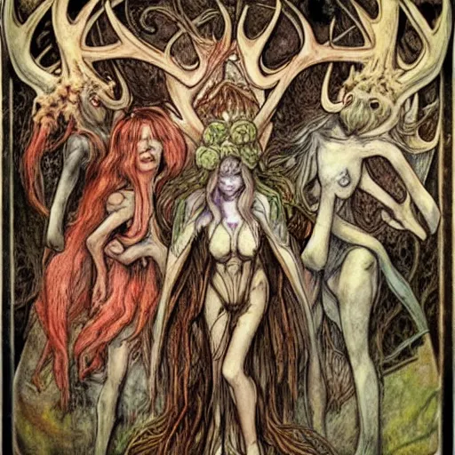 Prompt: a clothed monsterous scary inhuman group of unseelie with animal features including antlers by brian froud with art nouveau influence