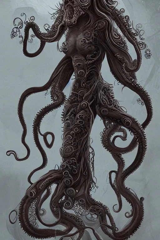 Prompt: Emma Watson evolving into lovecraftian monster, cute, fantasy, intricate, highly detailed, full-body design, tentacles, digital painting, artstation, concept art, smooth, sharp focus, illustration, art by AbyssWolf