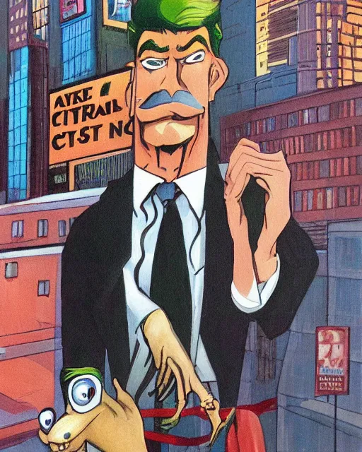 Image similar to portrait, center focus, sinister smug male antagonist in suit, uptown finance city street, artwork by ralph bakshi