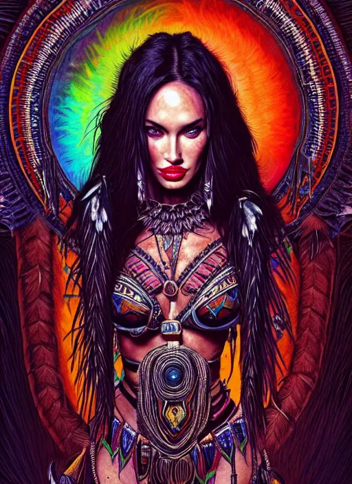 Image similar to portrait of megan fox, hyper detailed ultra sharp aztec shaman warrior. trending on artstation, warpaint aesthetic, bloodwave, colorful, psychedelic, ornate, intricate, digital painting, concept art, smooth, sharp focus, illustration, art by artgerm and greg rutkowski and h. r. giger, 8 k