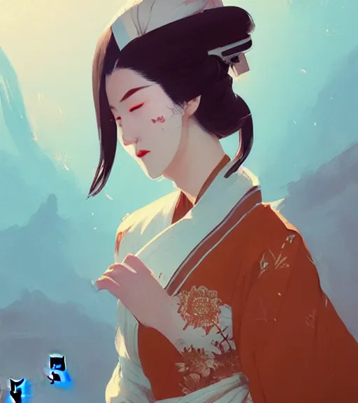 Prompt: portrait of a female immortal in amazing chinese dress 汉 服 by atey ghailan, by greg rutkowski, by greg tocchini, by james gilleard, by joe fenton, by kaethe butcher, dynamic lighting, gradient light blue, brown, blonde cream and white color scheme, grunge aesthetic