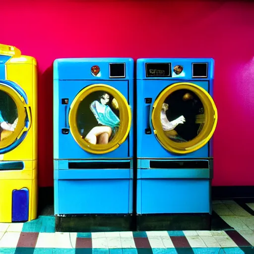 Prompt: a 1 9 8 2 colourful, cinematic romantic movie scene by john waters of woman with blue hair and her twin with yellow hair, standing in a laundromat, they have beautiful plastic faces, high resolution, 8 k - n 6