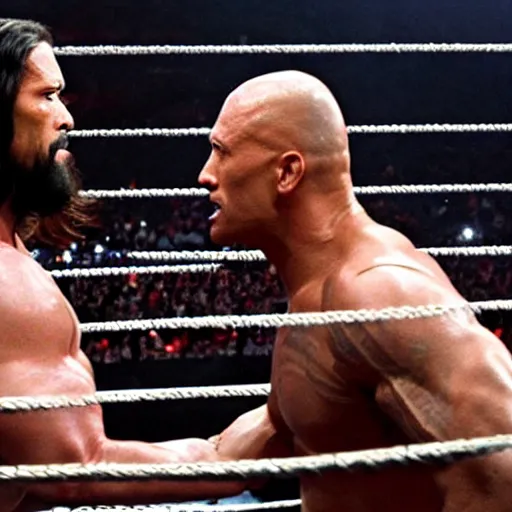 Image similar to Dwayne the Rock Johnson versus Jesus Christ, WWE wrestling match, hell in a cell