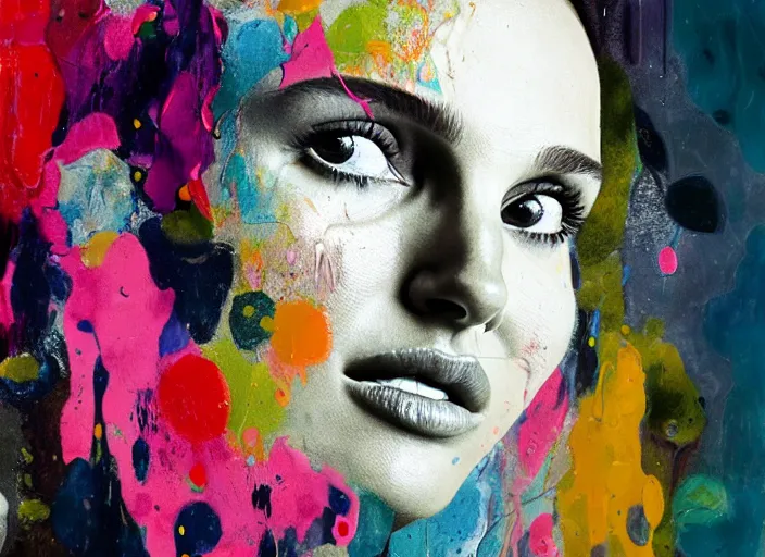 Prompt: portrait of natalie portman, by vincent lefevre and hernan bas and pat steir and hilma af klint, psychological, photorealistic, dripping paint, washy brush, rendered in octane, altermodern, masterpiece